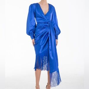 NEW Virgo’s Lounge‎ Gabrielle Dress Navy Blue Wrap Ruffle Fringe Satin Size US 8